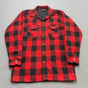 Vintage Five Brother Shacket Mens LT Red Black Plaid Quilted Lined Made in USA